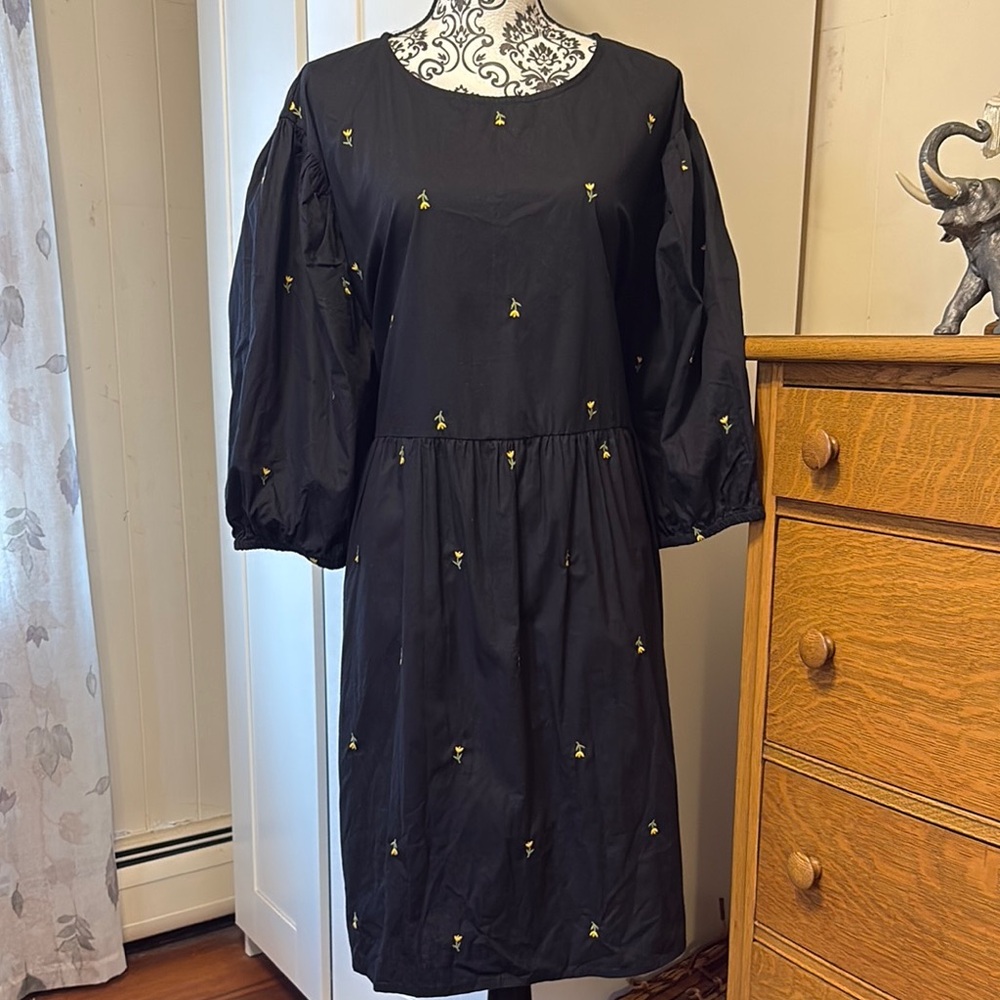 Adorable Black Cotton Dress with Yellow Embroidered Flowers Size 2X